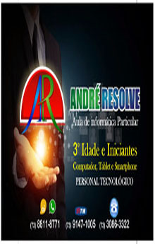 Na metade esquerda o tórax de um homem de paletó e gravata com a mão estendida e uma luz brilhante flutuando sobre ela, sobre essa luz a logomarca: André Resolve, na direita os dizeres: André Resolve, abaixo: Aula de informática particular, abaixo: 3ª idade e iniciantes, abaixo: Personal Tecnológico, abaixo três números de telefones com os ícones das respectivas operadoras: (73)8811-8771, com as imagens da operadora Oi e do WhatsApp logo acima, (73) 9147-1005, com a imagem da operadora TIM logo acima, (73) 3086-3322, com a imagem de um telefone antigo logo acima, mostrando ser esse último número um telefone fixo e não um celular como os dois números anteriores.
