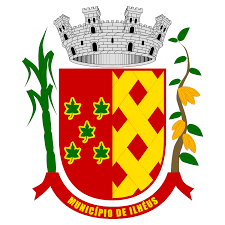 Imagem do brasao oficial do Município de Ilhéus, Bahia, compondo-se de uma coroa prateada com quatro torres em simbologia ao município. De suporte destro um ramo de cana-de-açúcar representando a atividade agrícola pioneira e de suporte sinistro um galho de cacaueiro representando a atividade agrícola que trouxe riqueza à localidade. O escudo é uma homenagem ao sobrenome do Donatário da Capitania de Ilhéus, Jorge de Figueiredo Correia, com o lado destro composto de 5 folhas de figueira e o sinistro com correias entrelaçadas. A divisa é uma faixa vermelha onde está escrito em letras douradas:Município de Ilhéus